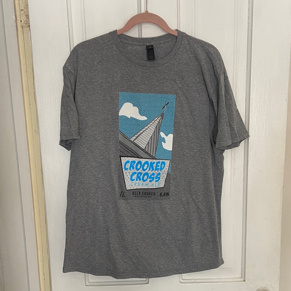 Gray Beer Church Crooked Cross Graphic T-Shirt